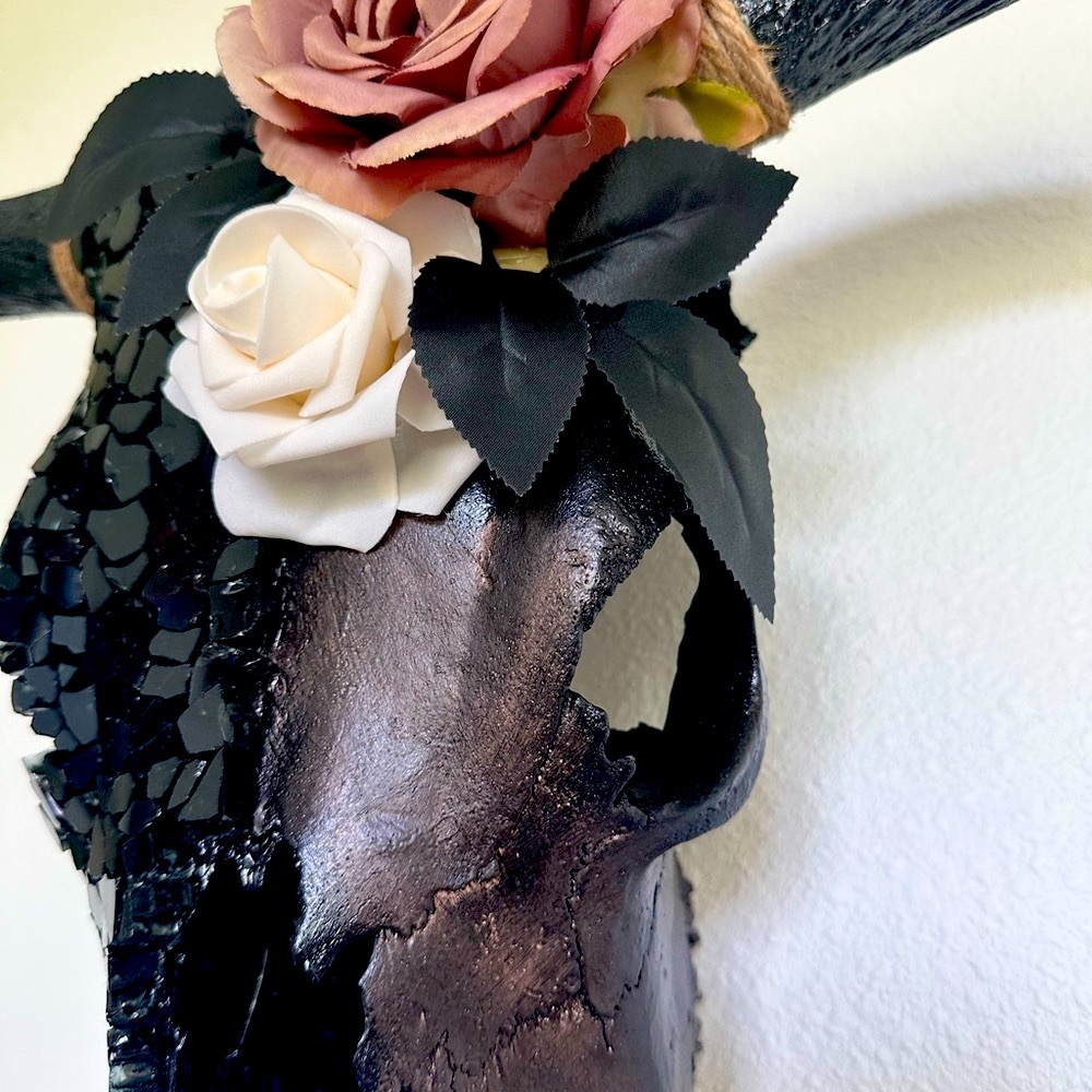 Decorative Black Mosaic Skull with Roses